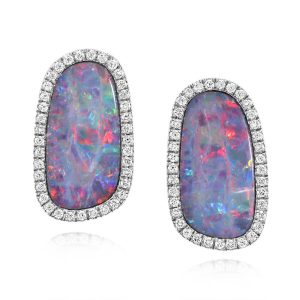 14K White Gold Australian Opal Doublet/Diamond Earrings