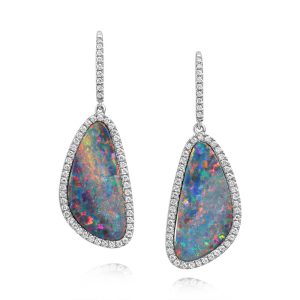 14K White Gold Australian Opal Doublet/Diamond Earrings