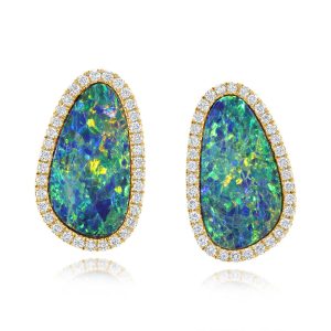 14K Yellow Gold Australian Opal Doublet/Diamond Earrings