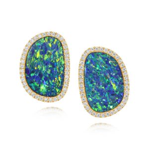 14K Yellow Gold Australian Opal Doublet/Diamond Earrings