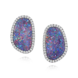 14K White Gold Australian Opal Doublet/Diamond Earrings