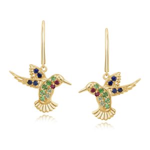 14K Yellow Gold Tsavorite/Ruby/Blue & Green Sapphire Hummingbird Earrings