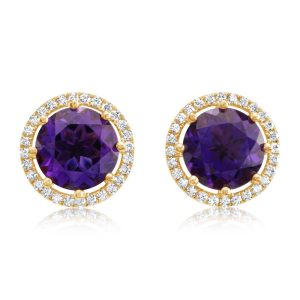 14K Yellow Gold 8mm Round Amethyst/Diamond Earrings