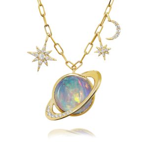 18K Yellow Gold Mexican Fire Opal/Diamond Saturn Neckpiece