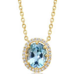 14K Yellow Gold 8x10 Oval Blue Topaz/Diamond Neckpiece