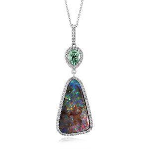 Platinum Australian Boulder Opal/Mint Garnet/Diamond Pendant