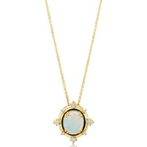 14K Yellow Gold Australian Opal/ Diamond Pendant with Black Enamel