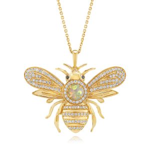 14K Yellow Gold Australian Opal/Diamond/Black Diamond Bee Pendant