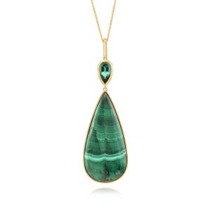 14K Yellow Gold Chatoyant Malachite/Green Tourmaline Pendant