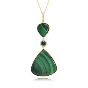 14K Yellow Gold Malachite Cabochon/Montana Sapphire/Diamond Pendant