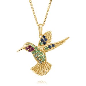 14K Yellow Gold Ruby/Tsavorite/Blue & White Sapphire Hummingbird Reversible Pendant (22x25.5) ,H