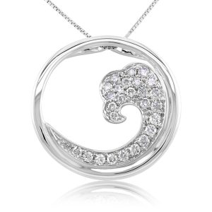 14K White Gold White Diamond Nature Wave 20mm Pendant