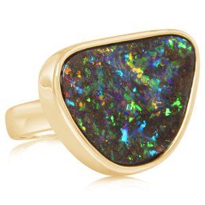 14K Yellow Gold Australian Boulder Opal Smooth Shank Ring