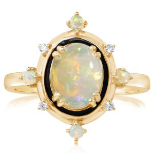 14K Yellow Gold Australian Opal/ Diamond Ring with Black Enamel