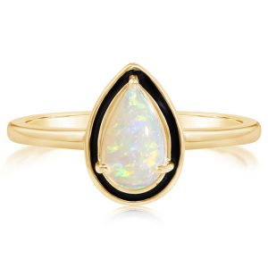 14K Yellow Gold Australian Opal Ring with Black Enamel