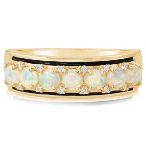 14K Yellow Gold Australian Opal/ Diamond Ring with Black Enamel