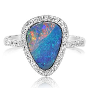 14K White Gold Australian Opal Doublet/Diamond Ring