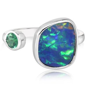 14K White Gold Australian Opal Doublet/Tsavorite Ring