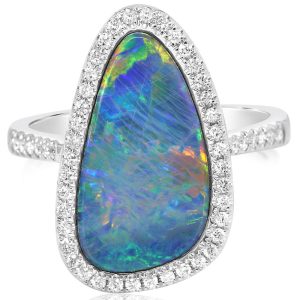 14K White Gold Australian Opal Doublet/Diamond Ring