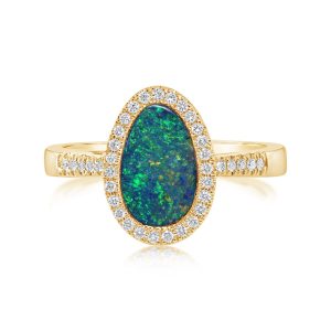 14K Yellow Gold Australian Opal Doublet/Diamond Ring