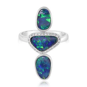 14K White Gold Australian Opal Doublet/Diamond Ring