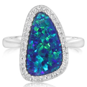 14K White Gold Australian Opal Doublet/Diamond Ring ,