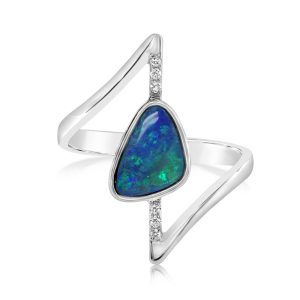14K White Gold Australian Opal Doublet/Diamond Ring
