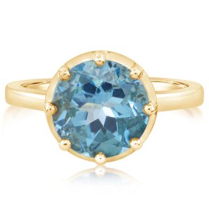 14K Yellow Gold 10mm Round Blue Topaz Ring