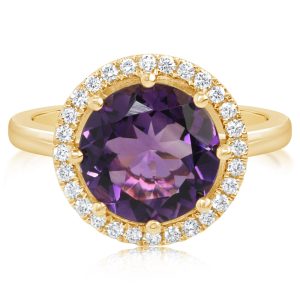 14K Yellow Gold 10mm Round Amethyst/Diamond Ring