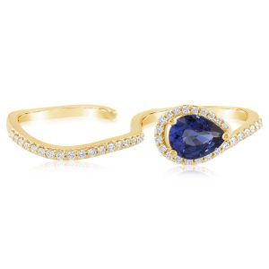 18K Yellow Gold Ceylon Sapphire/Diamond Two Finger Ring