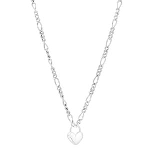 Silver Heart Padlock Figaro Necklace
