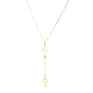 14K Double Cross Drop Necklace
