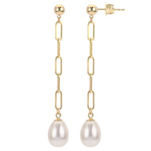 14K Yellow Gold Freshwater Pearl Paperclip Chain Earrings