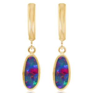 14K Yellow Gold Australian Opal Doublet Plain Bezel Leverback Earrings