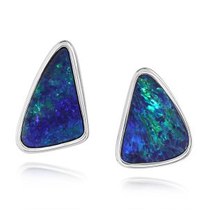 14K White Gold Australian Opal Doublet Small Plain Bezel Earrings