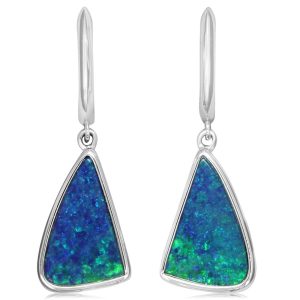 14K White Gold Australian Opal Doublet Plain Bezel Leverback Earrings
