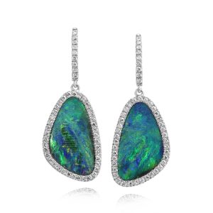 14K White Gold Australian Opal Doublet/Diamond Earrings