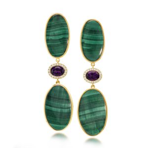 14K Yellow Gold Malachite/Purple Garnet/Diamond Earrings