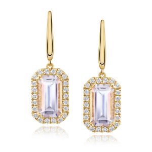 18K Yellow Gold Rainbow Moonstone/Diamond Earrings