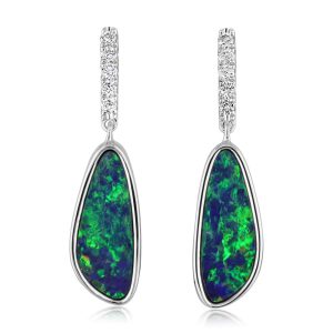 14K White Gold Australian Opal Doublet/Diamond Earrings