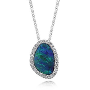 14K White Gold Australian Opal Doublet/Diamond Pendant