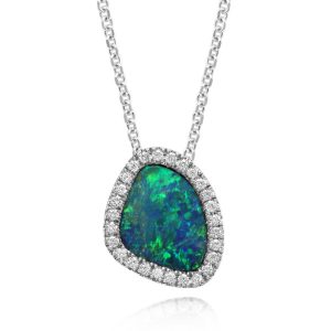 14K White Gold Australian Opal Doublet/Diamond Pendant