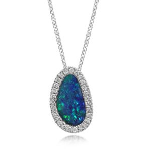 14K White Gold Australian Opal Doublet/Diamond Pendant