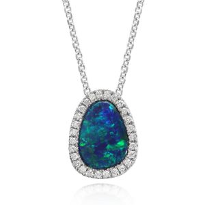 14K White Gold Australian Opal Doublet/Diamond Pendant