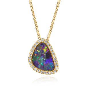 14K Yellow Gold Australian Opal Doublet/Diamond Pendant