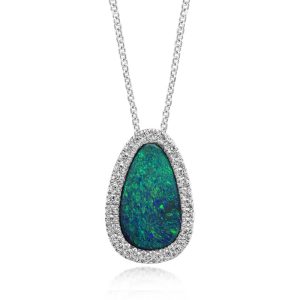 14K White Gold Australian Opal Doublet/Diamond Pendant