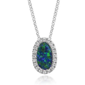14K White Gold Australian Opal Doublet/Diamond Pendant
