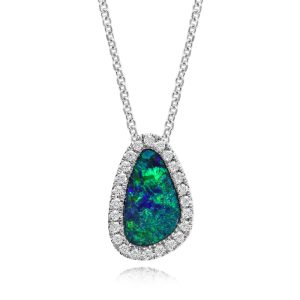 14K White Gold Australian Opal Doublet/Diamond Pendant