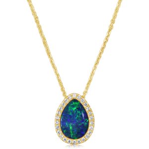 14K Yellow Gold Australian Opal Doublet/Diamond Pendant