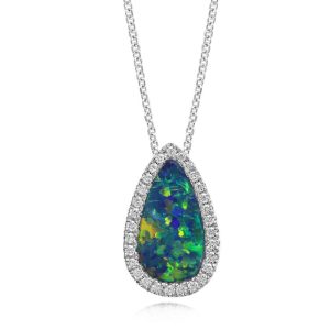 14K White Gold Australian Opal Doublet/Diamond Pendant